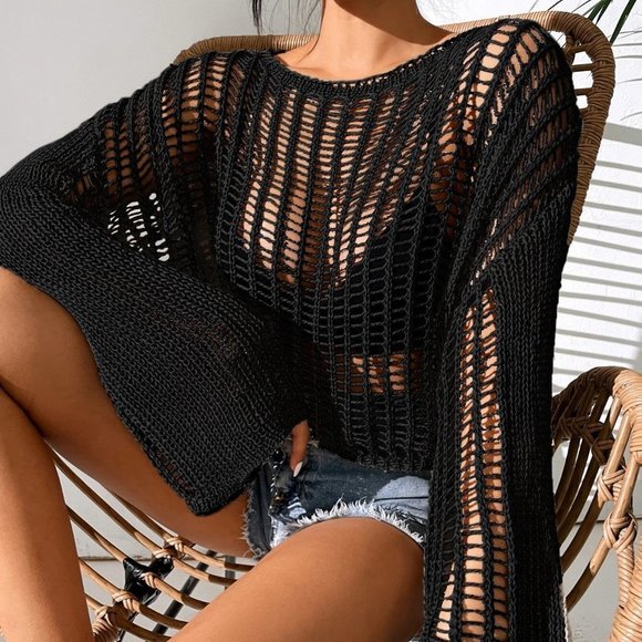 Black Boho Womens Open Knit Bell Sleeve Sheer Sweater - Picture 2 of 5